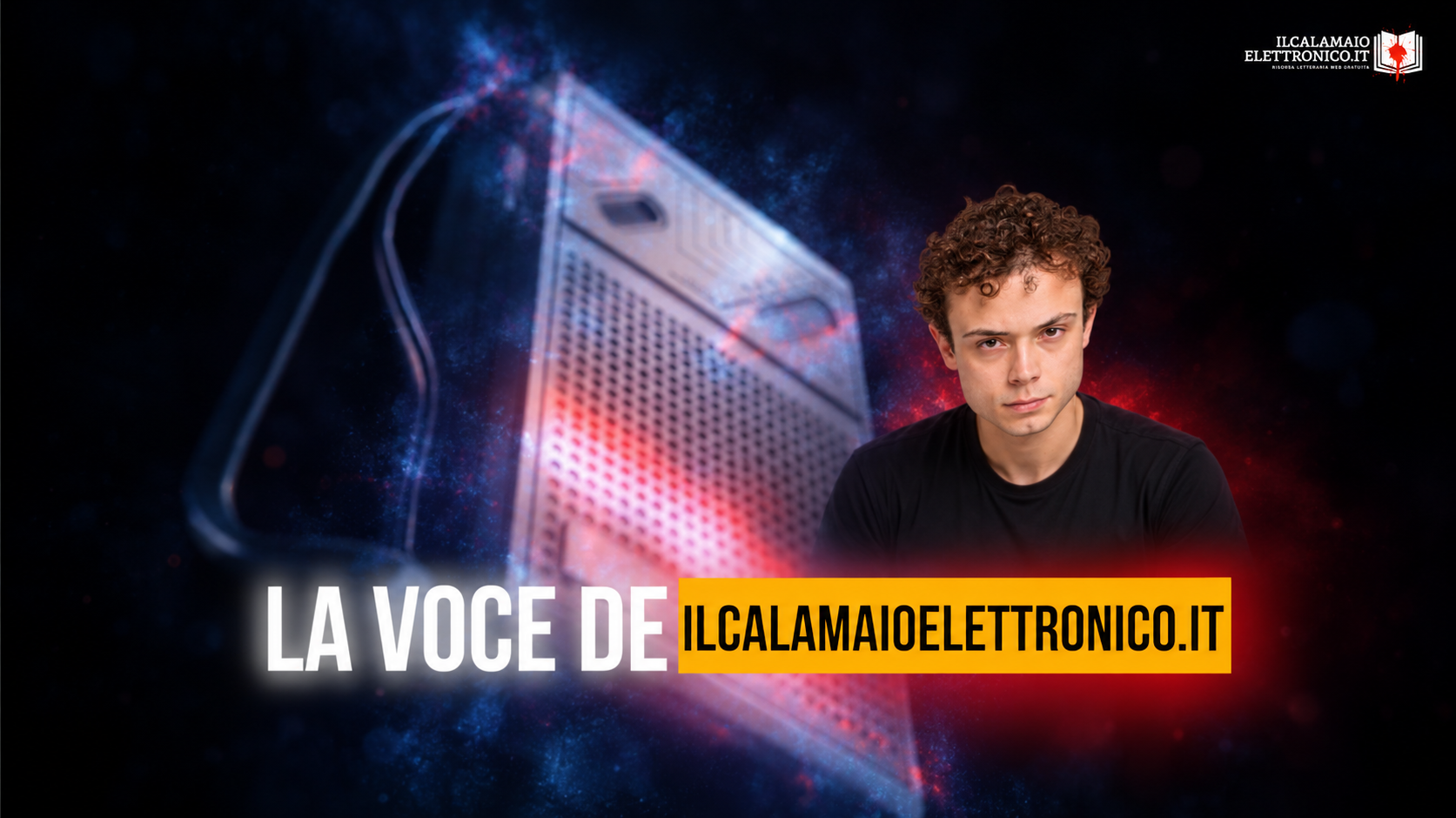 Copertina sfumata de La voce del Calamaio Elettronico, con radio d’epoca e ritratto del conduttore